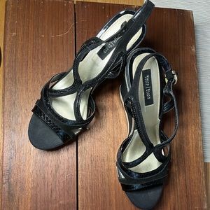 White House Black Market Black and Gold Wedge Strappy Sandals